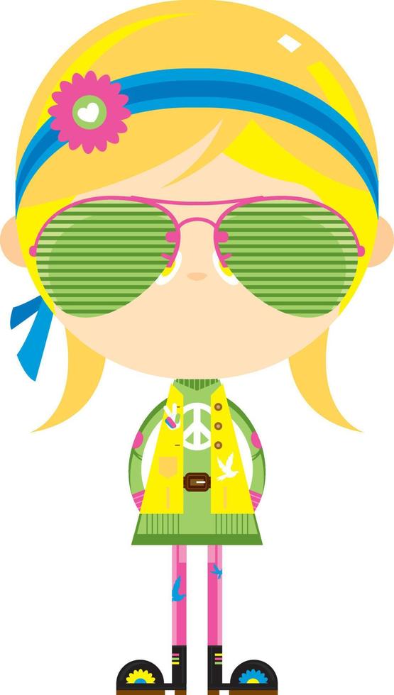 tecknad serie sextiotalet hippie flicka karaktär i solglasögon vektor