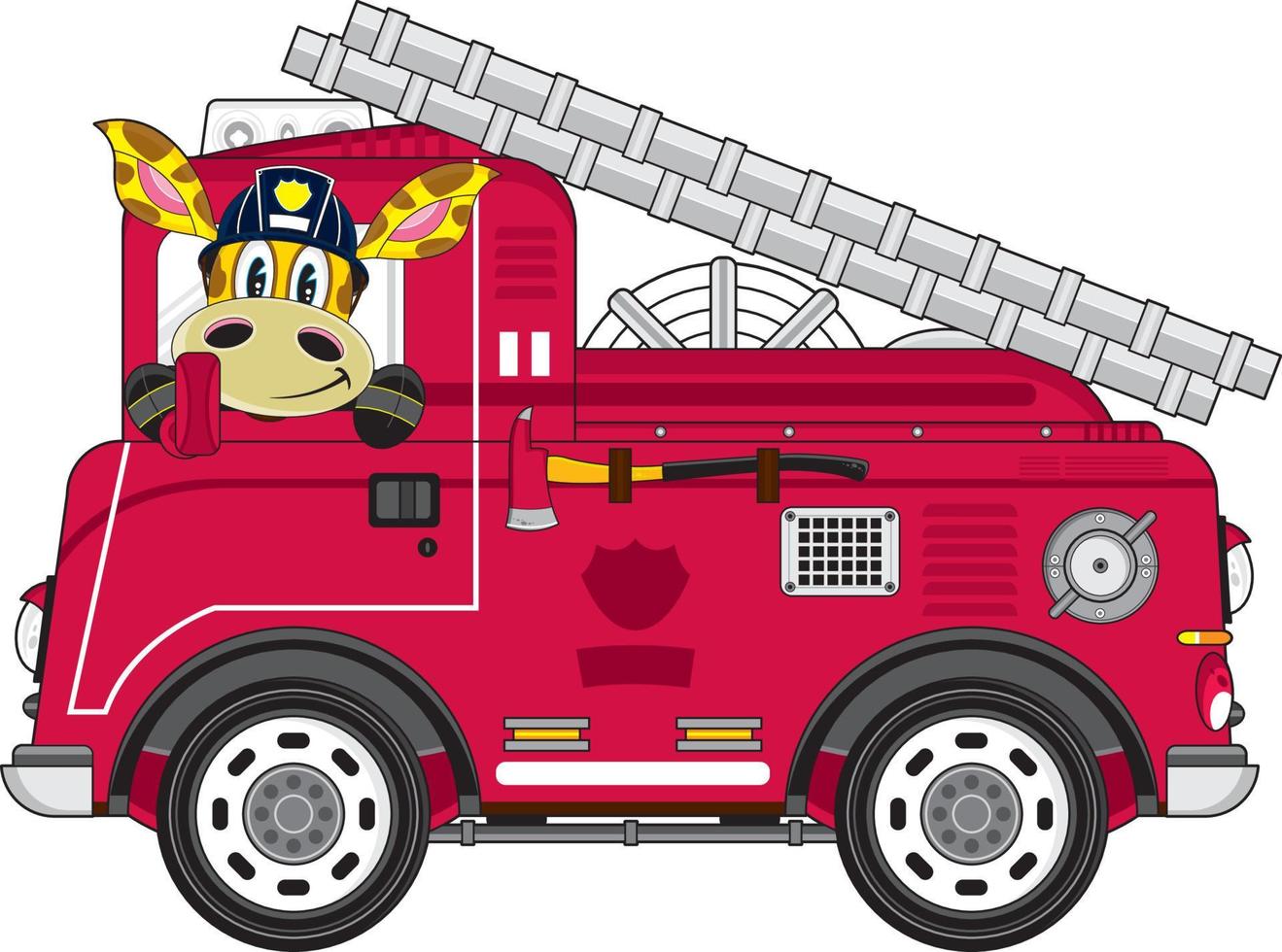 süß Karikatur Giraffe Feuerwehrmann und Feuer Motor vektor