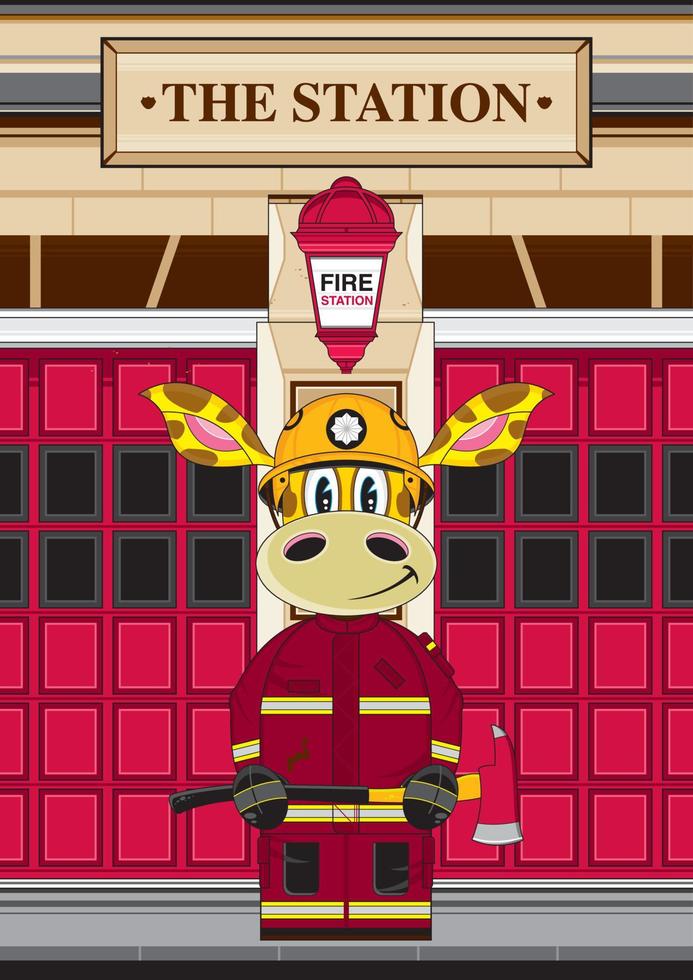 süß Karikatur Giraffe Feuerwehrmann Charakter mit Axt beim Feuer Bahnhof vektor