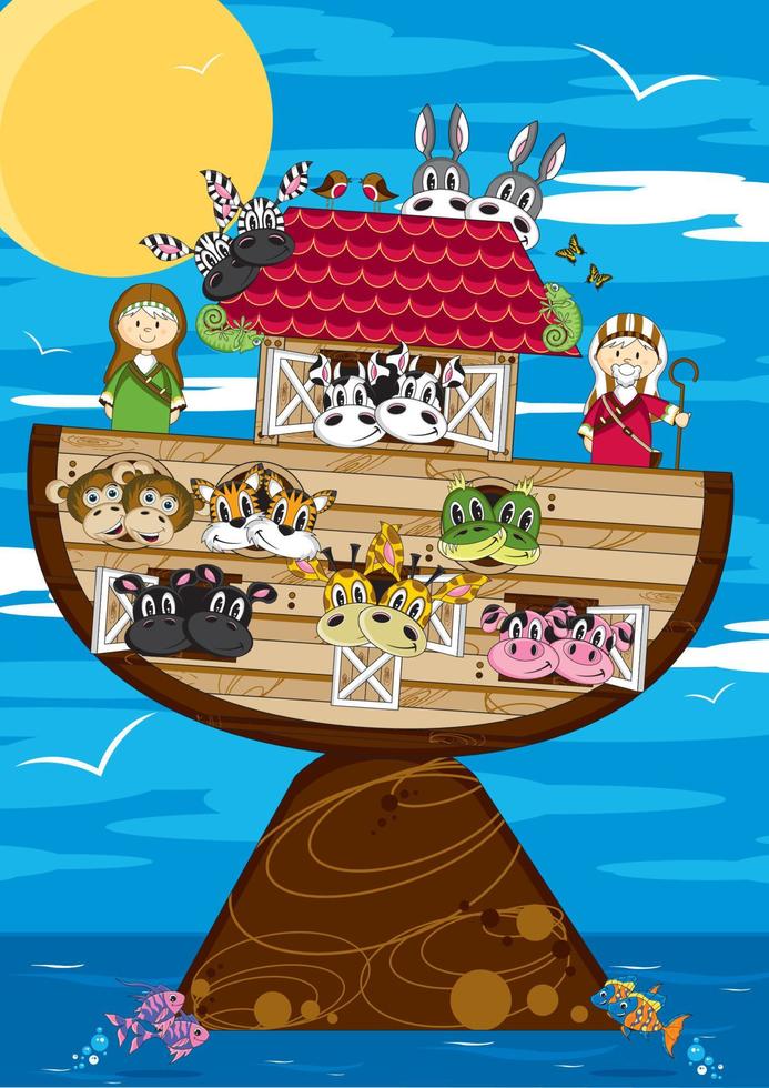 noah och de ark med djur två förbi två - biblisk illustration vektor