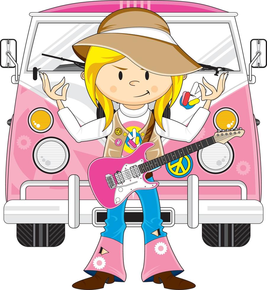 tecknad serie sextiotalet hippie flicka med elektrisk gitarr och husbil skåpbil vektor