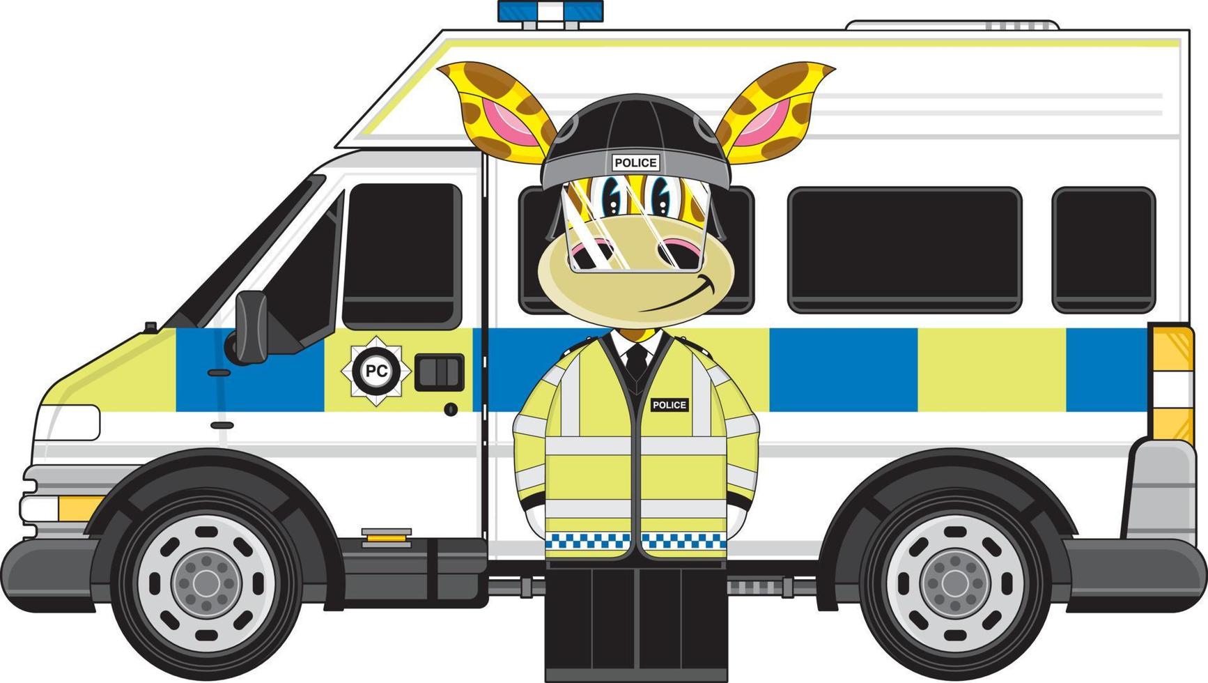 Karikatur klassisch britisch Giraffe Polizist und randalieren Polizei van vektor