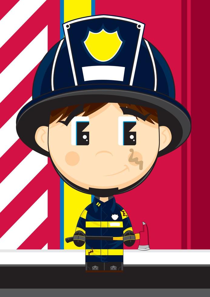 süß Karikatur Feuerwehrmann Charakter mit Axt vektor