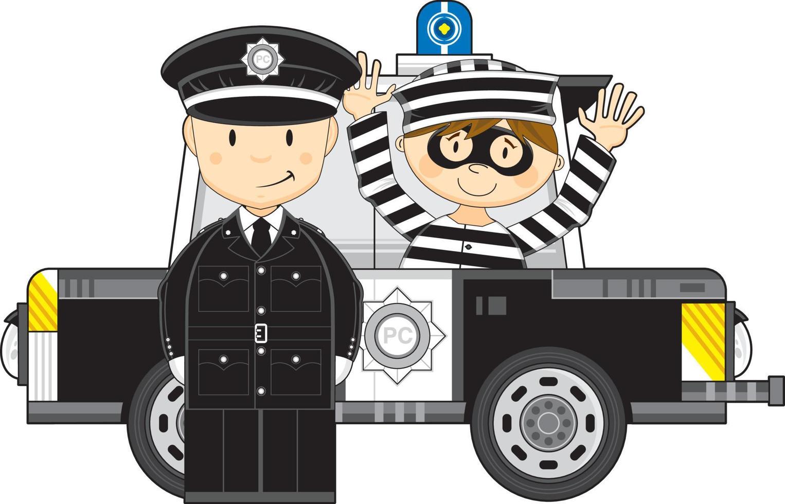söt tecknad serie polis med rånare i polis bil vektor