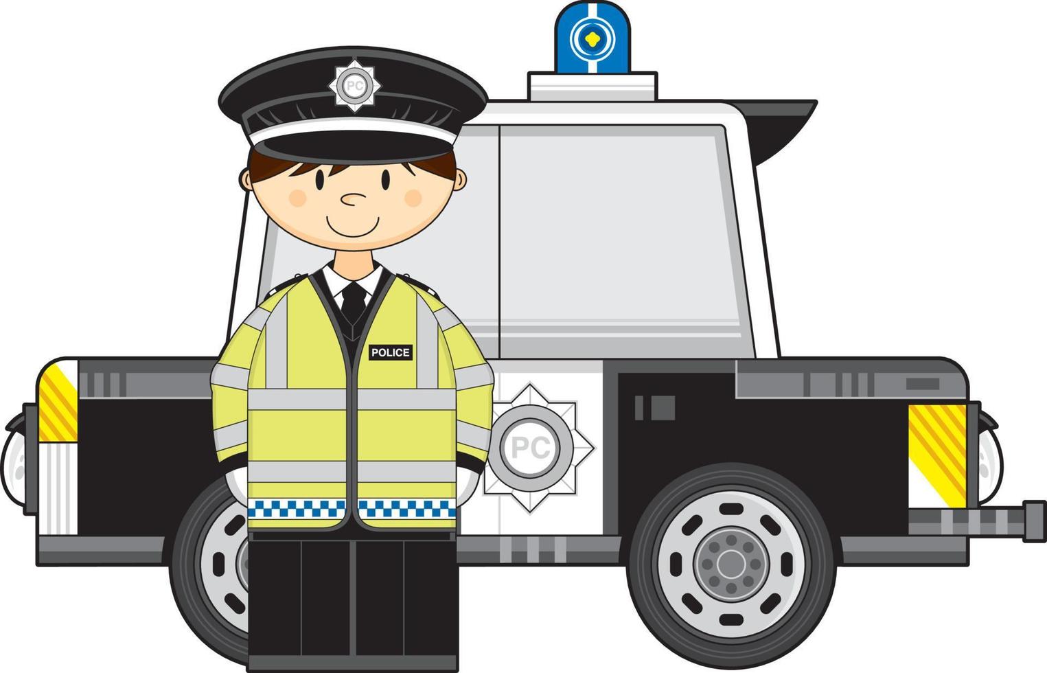 Karikatur klassisch britisch Polizist und Polizei Auto vektor