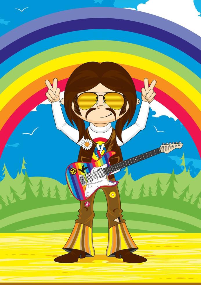 Karikatur sechziger Jahre Hippie Charakter mit elektrisch Gitarre vektor