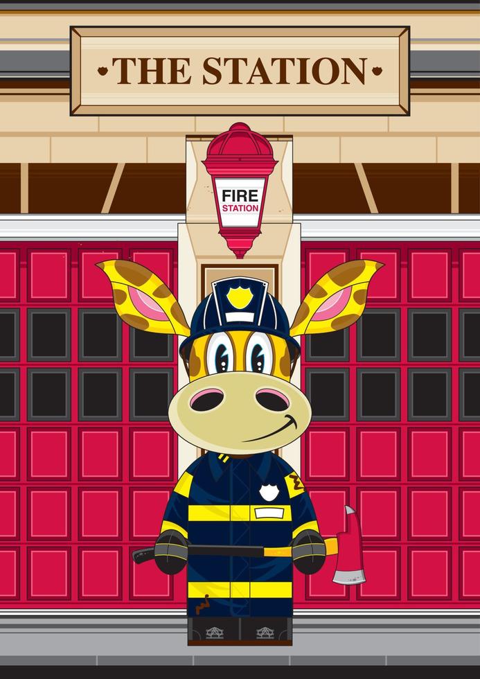 süß Karikatur Giraffe Feuerwehrmann Charakter mit Axt vektor