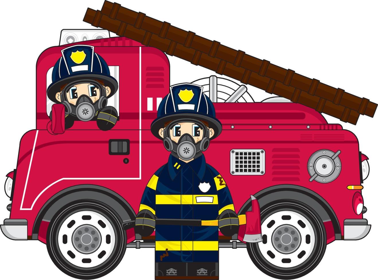 süß Karikatur Feuerwehrmann und Feuer Motor vektor