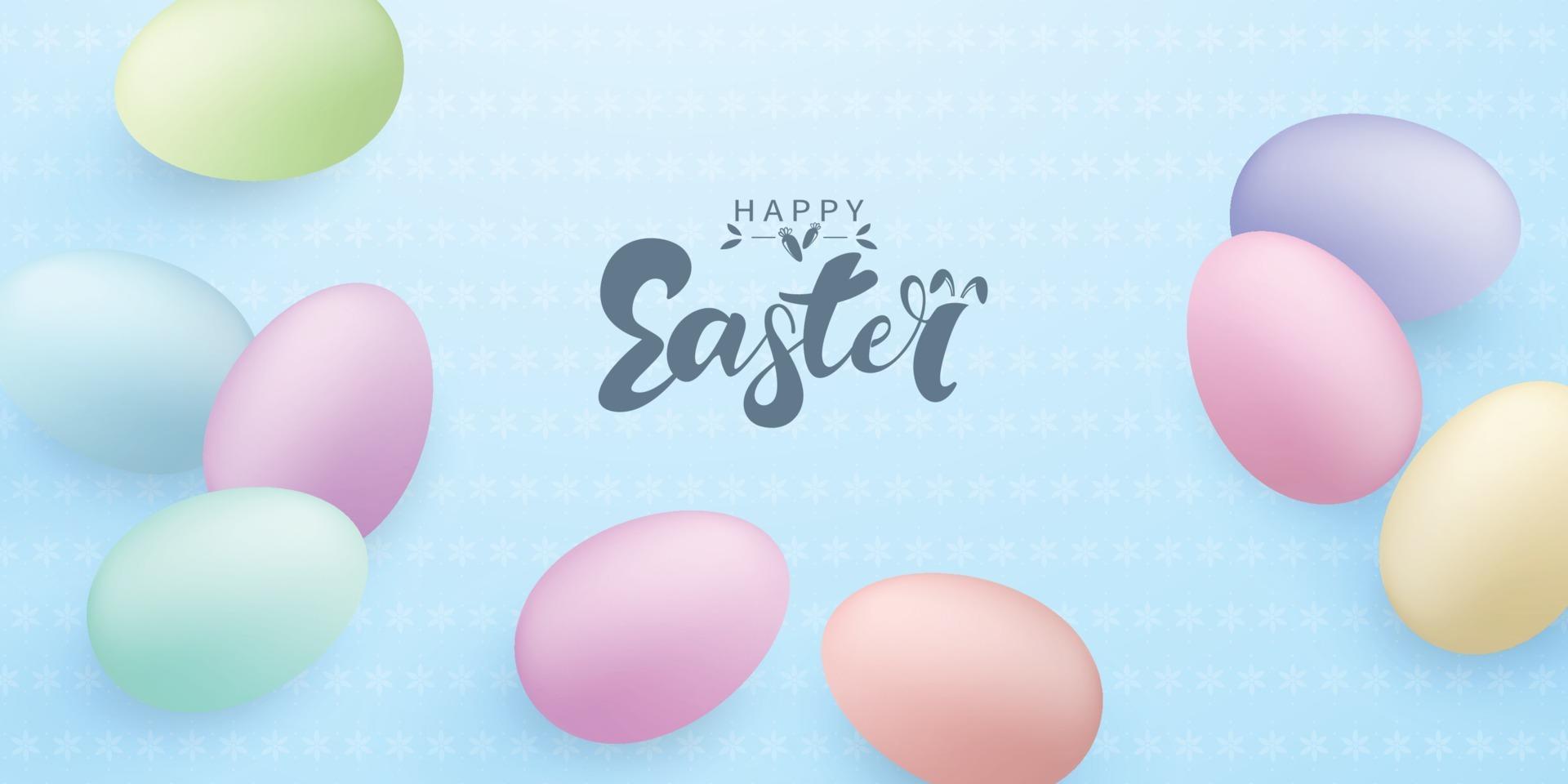 Hintergrund für Osterfest verziert mit bunten Eiern mit Design. handschriftliche Notiz vektor