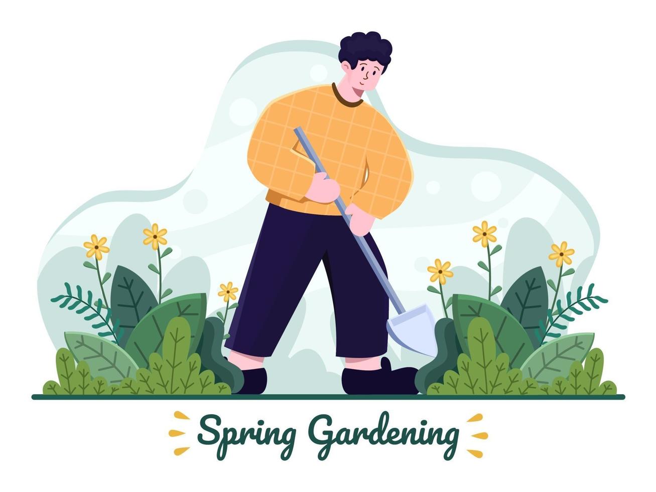 Frühlingsgarten Illustration. Person, die Schaufel benutzt, um Garten zu pflanzen. Leute, die Boden hacken. Frühling Outdoor-Aktivitäten. kann für Website, Banner, Präsentation, Flyer, Postkarte verwendet werden. vektor