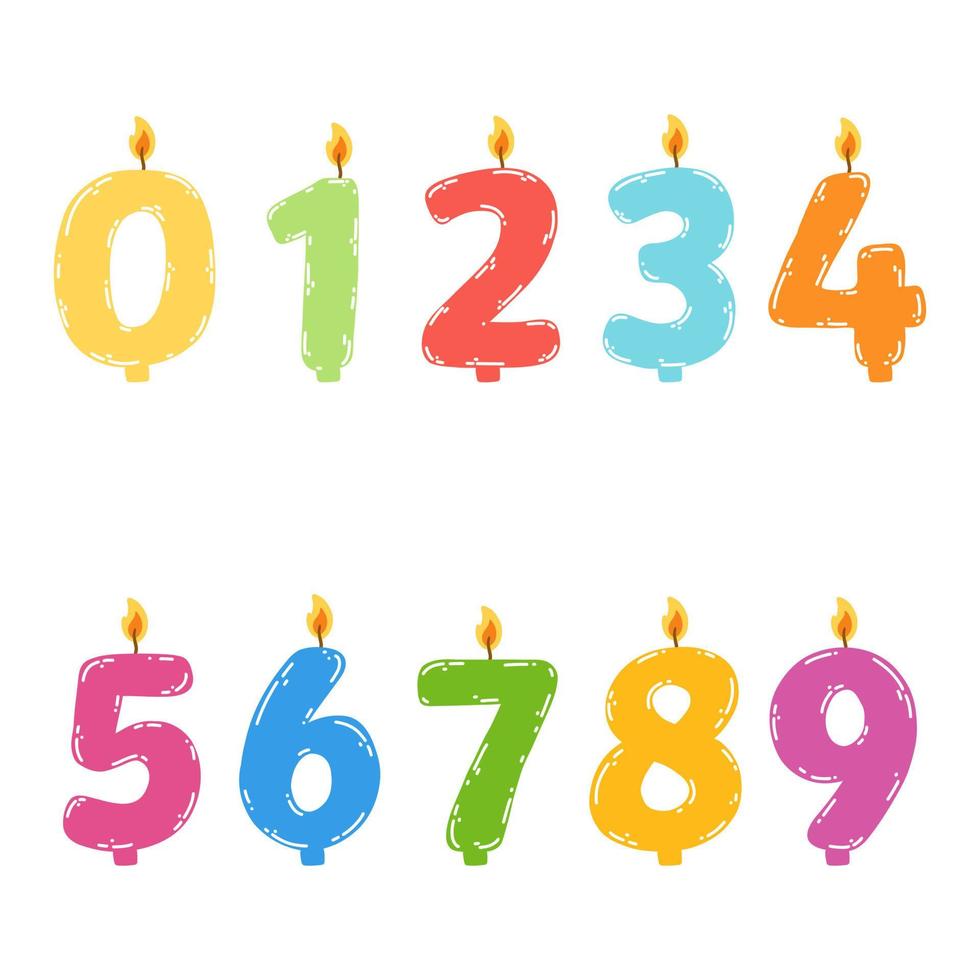 Hand gezeichnet bunt Geburtstag Kerzen Zahlen mit Verbrennung Flamme. Vektor Illustration von Design Element zum Geburtstag Kuchen im eben Stil