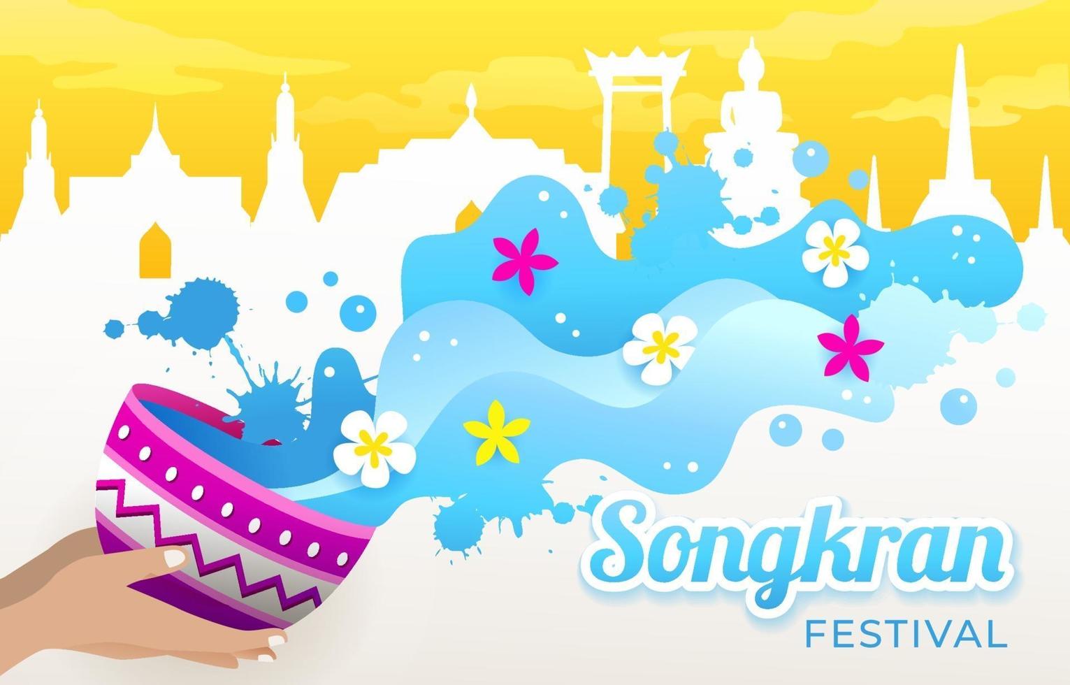 Songkran Festival mit Thailand Landmark Silhouette Hintergrund vektor