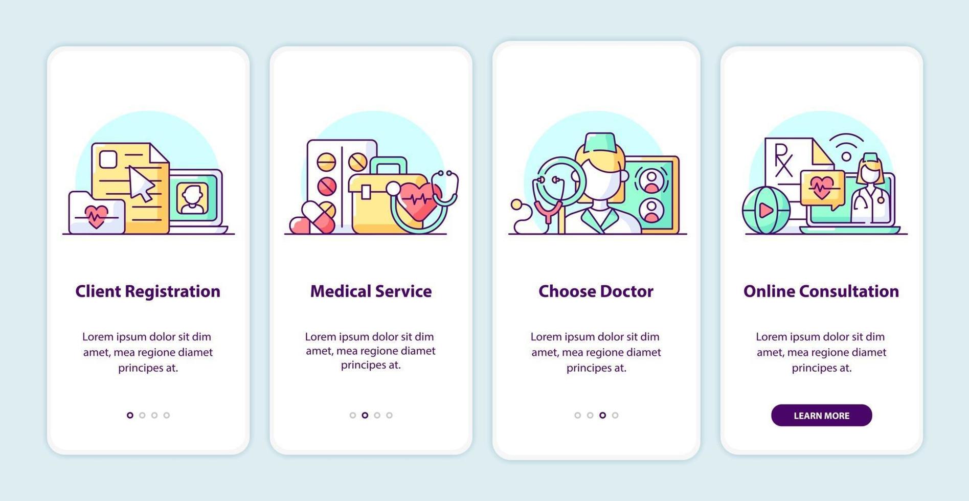 moderne Onboarding-App-Bildschirmseiten für das Gesundheitswesen vektor