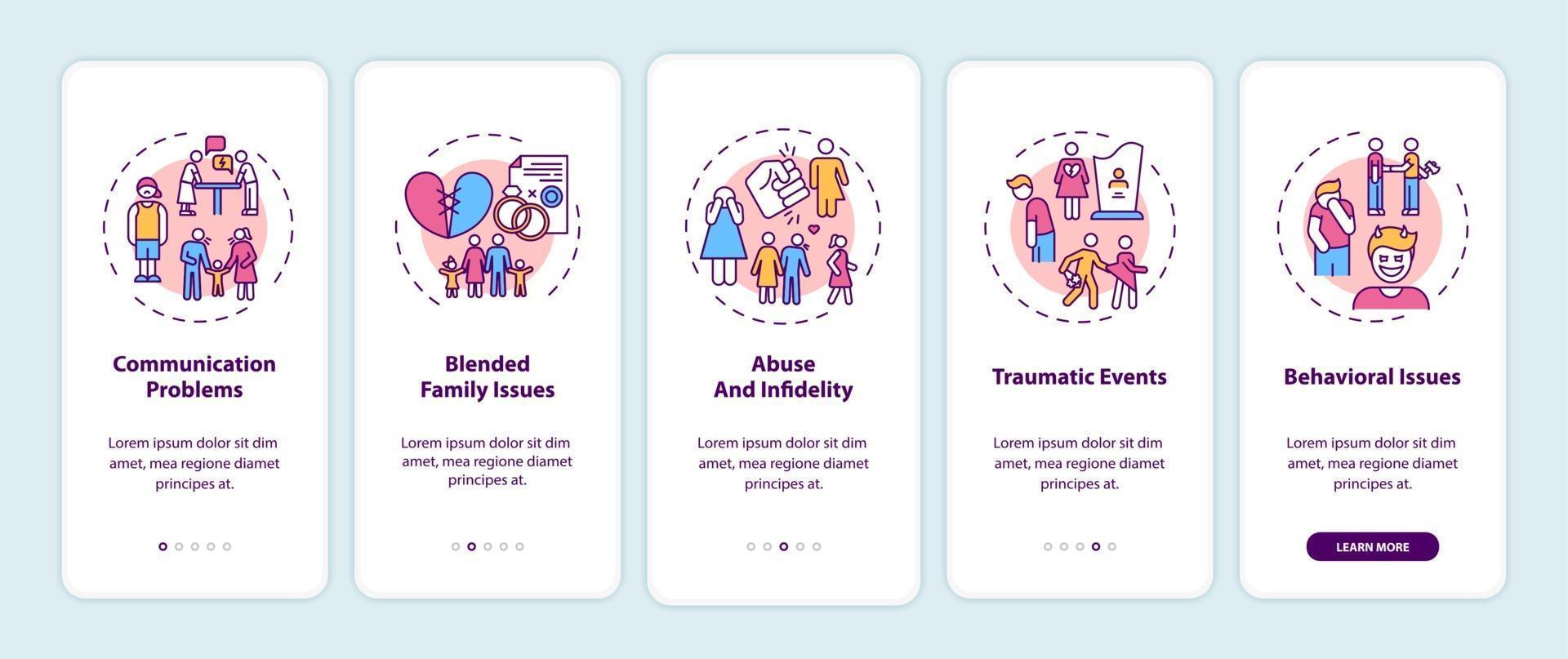 Online-Familientherapie-Typen Onboarding Mobile App-Seitenbildschirm mit Konzepten vektor