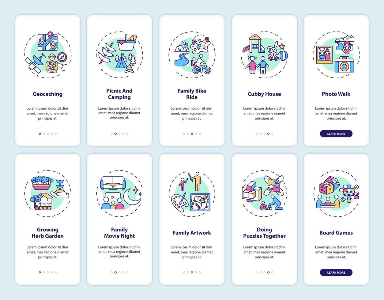Familienspaß Onboarding Mobile App Seite Bildschirm mit Konzepten festgelegt vektor