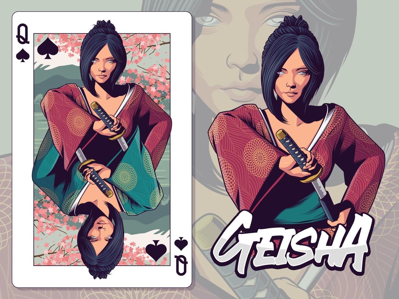 geisha illustration för spadrottning spelkort design vektor