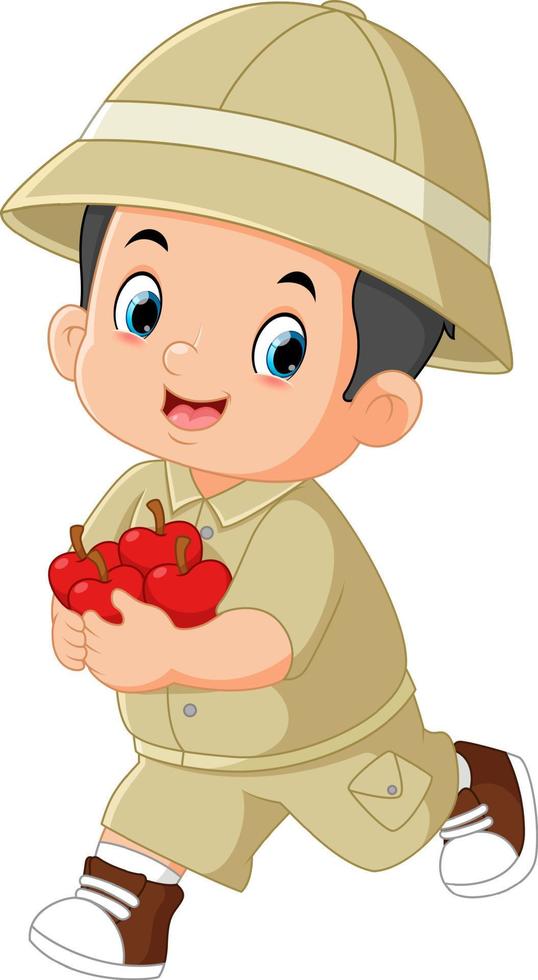 ein abenteuerlich Junge aufgeregt und Laufen Tragen viele von Äpfel vektor