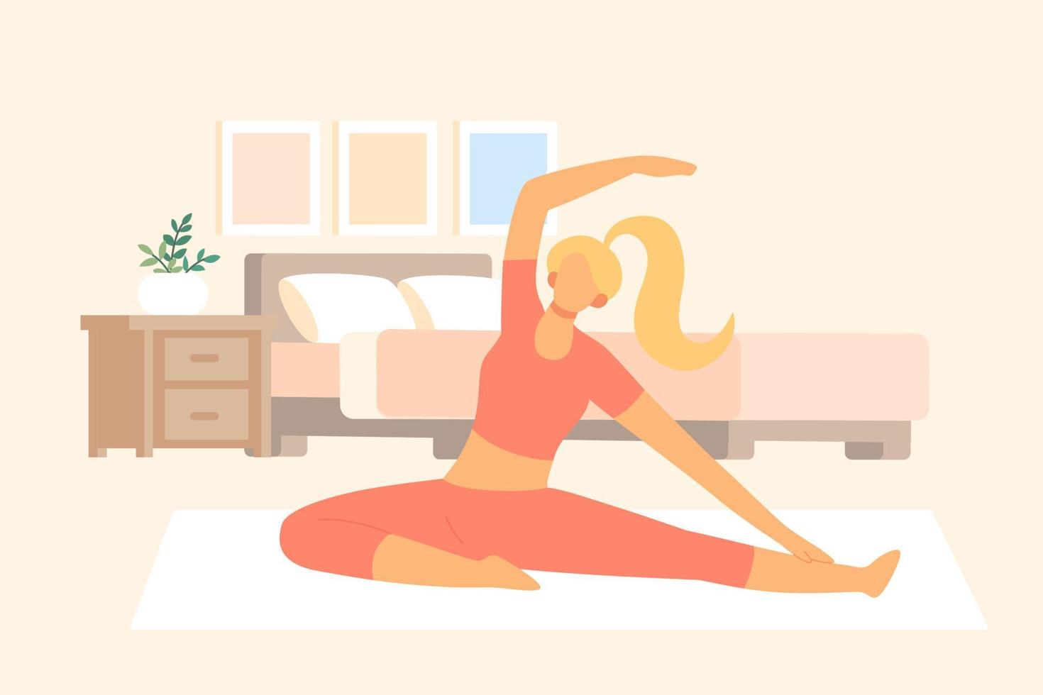 eben Stil Illustration von ein Frau tun Dehnen Übung beim heim. bleibe beim Zuhause weiblich tun Yoga im Schlafzimmer. vektor