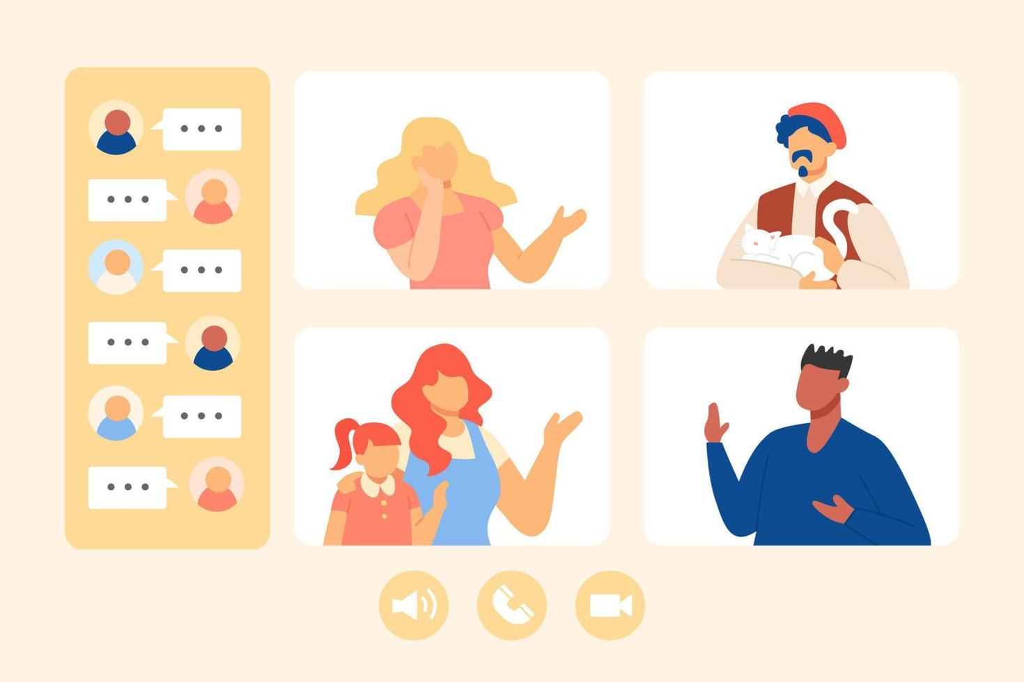Computer Bildschirm mit Familie Video Berufung während Pandemie, eben Stil Illustration von Familie erhalten zusammen auf ein Video Anruf App. vektor