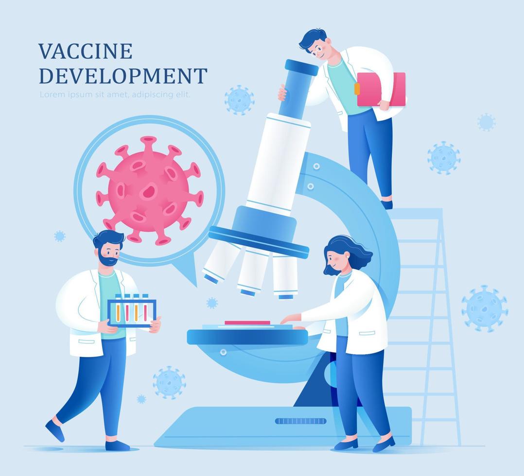 covid 19 illustration med miniatyr- vetenskapsmän studerar virus genom mikroskop. begrepp av biologisk eller medicinsk forskning. vektor