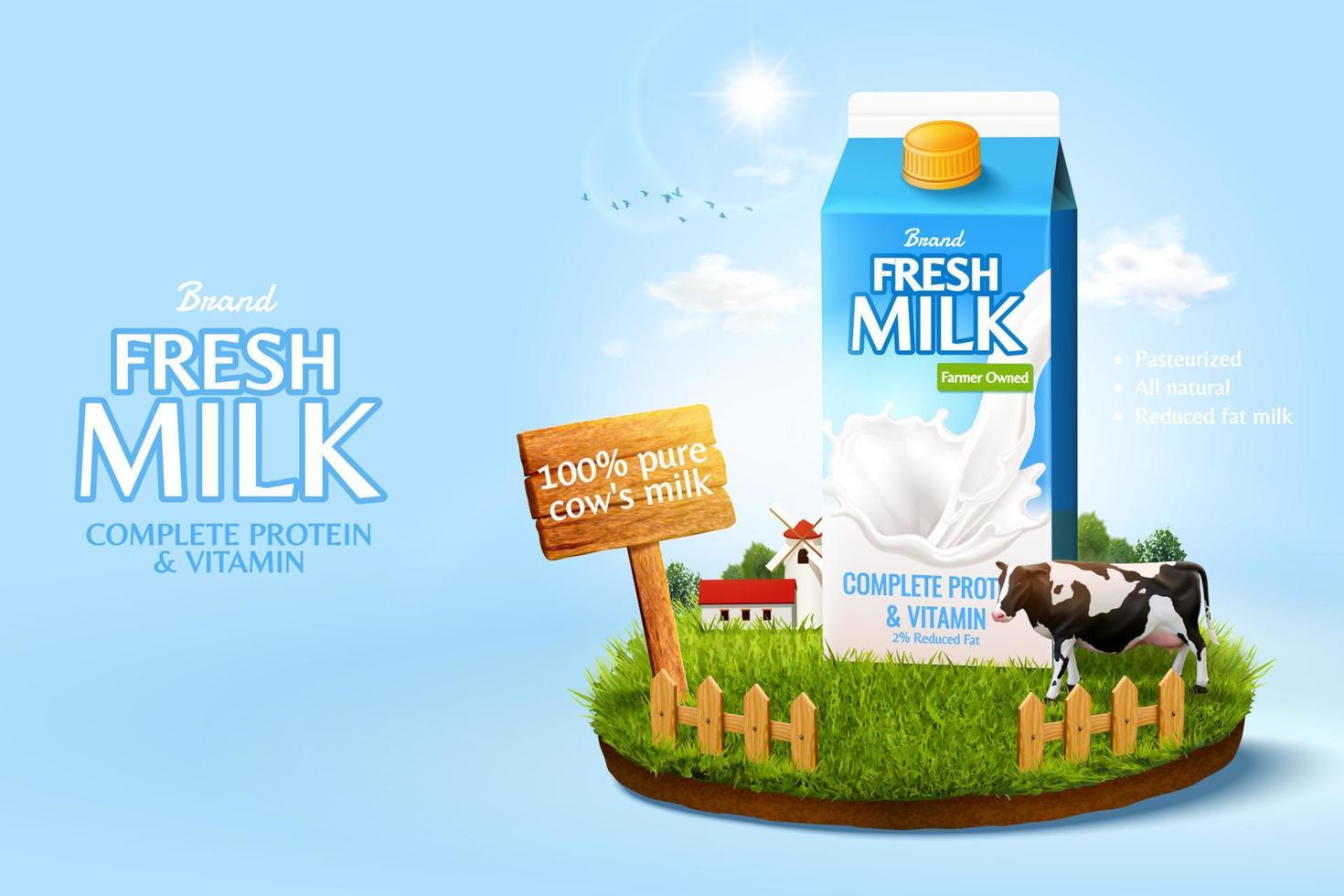 3d Milch Anzeige Vorlage zum Produkt Anzeige. Milch Pack Attrappe, Lehrmodell, Simulation einstellen im ein Miniatur Bauernhof Insel auf Sonnenschein Himmel Hintergrund. vektor