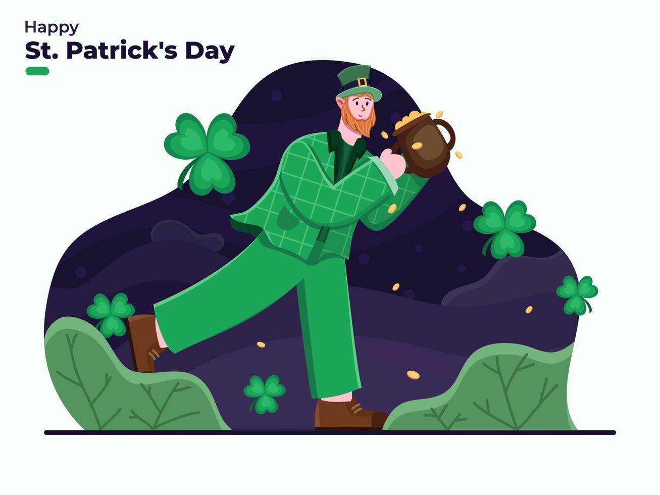 glücklich st. Patrick's Day Illustration mit Kobold-Zeichentrickfigur, die goldenen Münztopf bringt. Feier zum Tag des Heiligen Patrick. flache Illustration St. Patrick Day. Geeignet für Banner, Poster, Web, Karte vektor