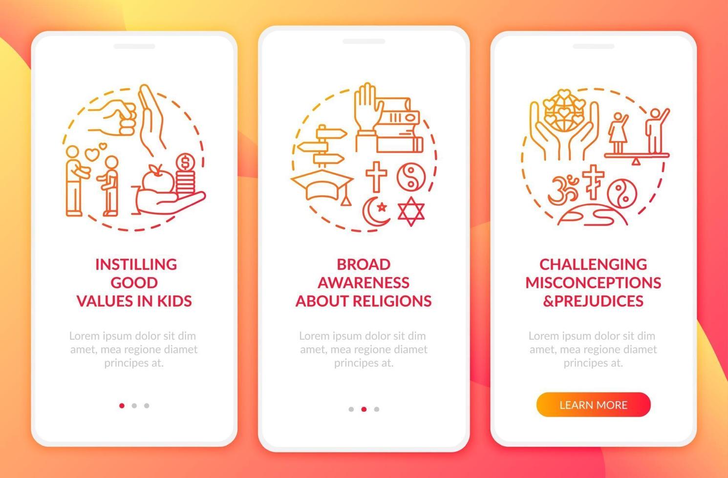 Wert der Religion rot Onboarding Mobile App Seite Bildschirm mit Konzepten vektor