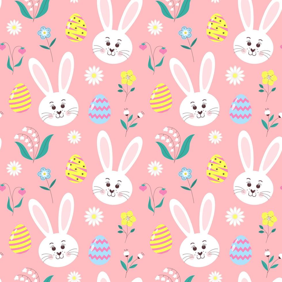 nahtlos Muster mit Ostern Eier, Hase Kopf, Gänseblümchen, Blumen und Beeren auf Pastell- Rosa Hintergrund. vektor