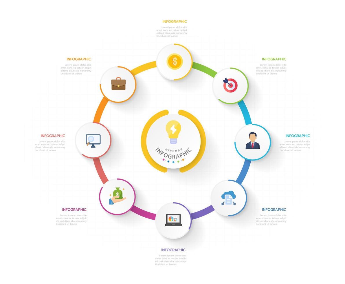 Infografik Vorlage zum Geschäft. 8 Schritte modern Mindmap Diagramm mit Prozentsatz Kreis Themen, Präsentation Vektor Infografik.