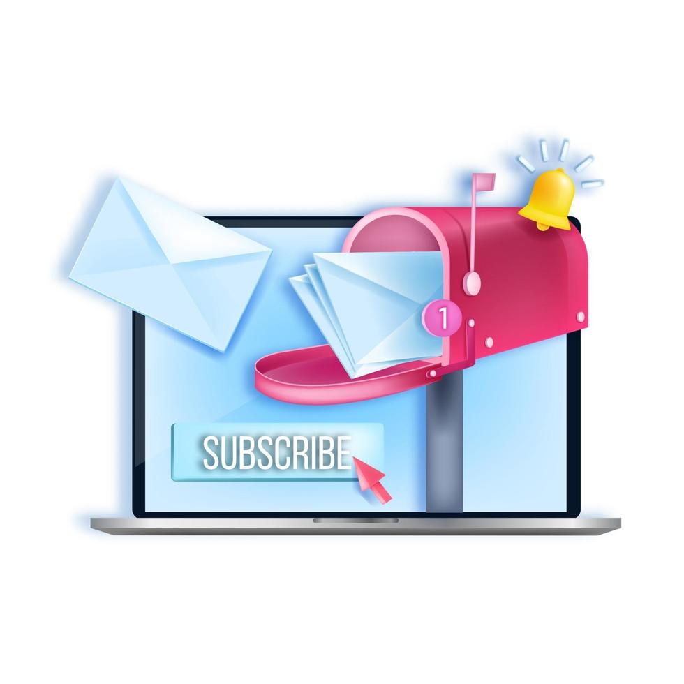 Newsletter-Abonnement Vektor Internet-Marketing-Konzept, Laptop-Bildschirm, offene Mailbox, Umschläge. Illustration der Online-Business-Mailingliste, Benachrichtigungsglocke, Schaltfläche. Newsletter-Abonnement-Logo