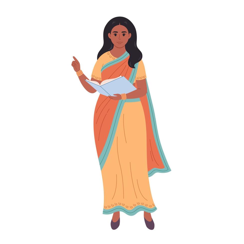 indisk kvinna med bok. skola lärare, bibliotekarie, företag kvinna. vektor
