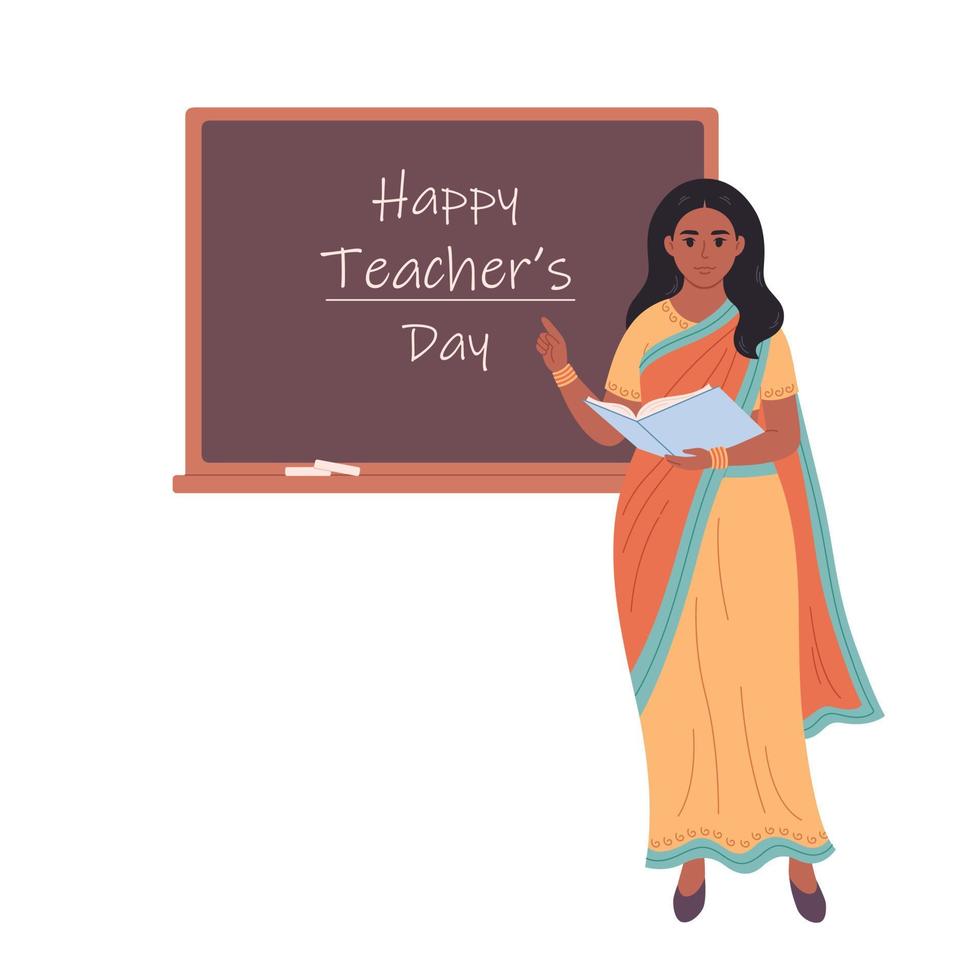 indisch weiblich Lehrer beim Klassenzimmer in der Nähe von Tafel. zurück zu Schule. Ausbildung, Vorlesung und Lektion beim Schule. vektor