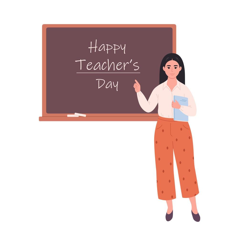 sian kvinna lärare på klassrum nära svarta tavlan. utbildning, föreläsning och lektion på skola. vektor