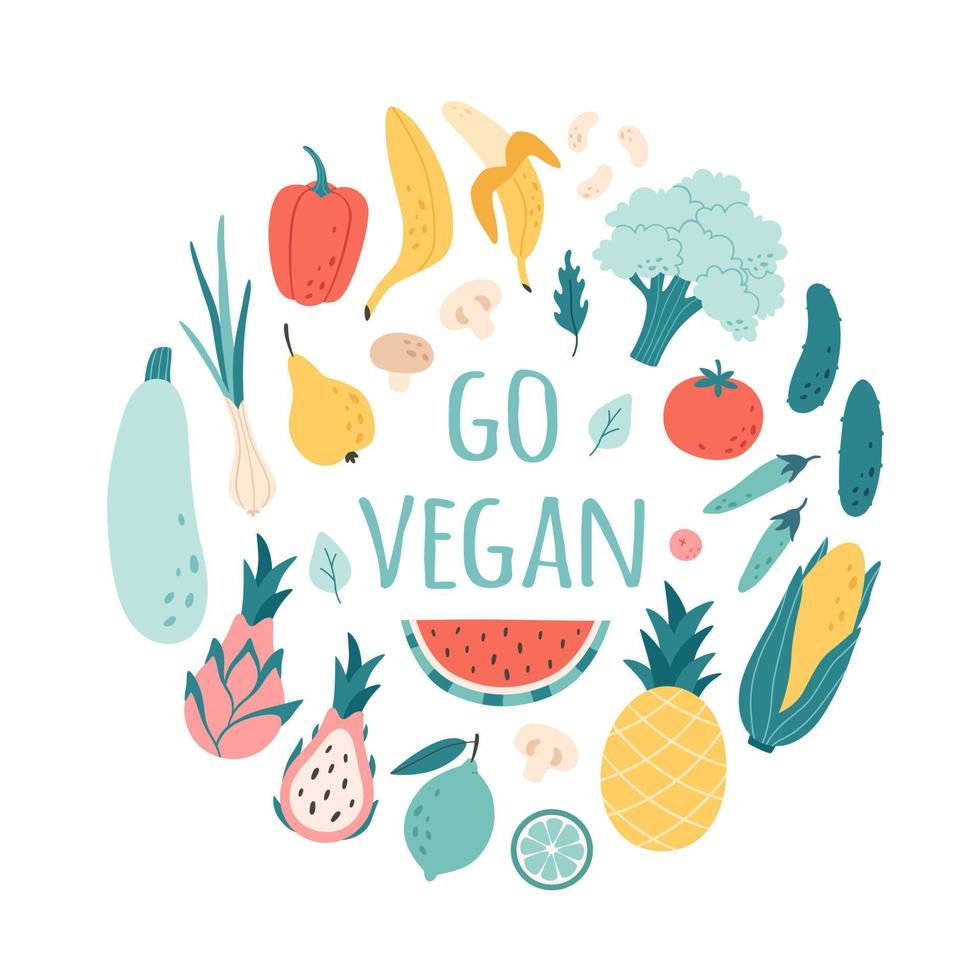 frisch Früchte und Gemüse. gesund Essen, richtig Ernährung, Vegetarier und vegan Konzept. gehen vegan. vektor