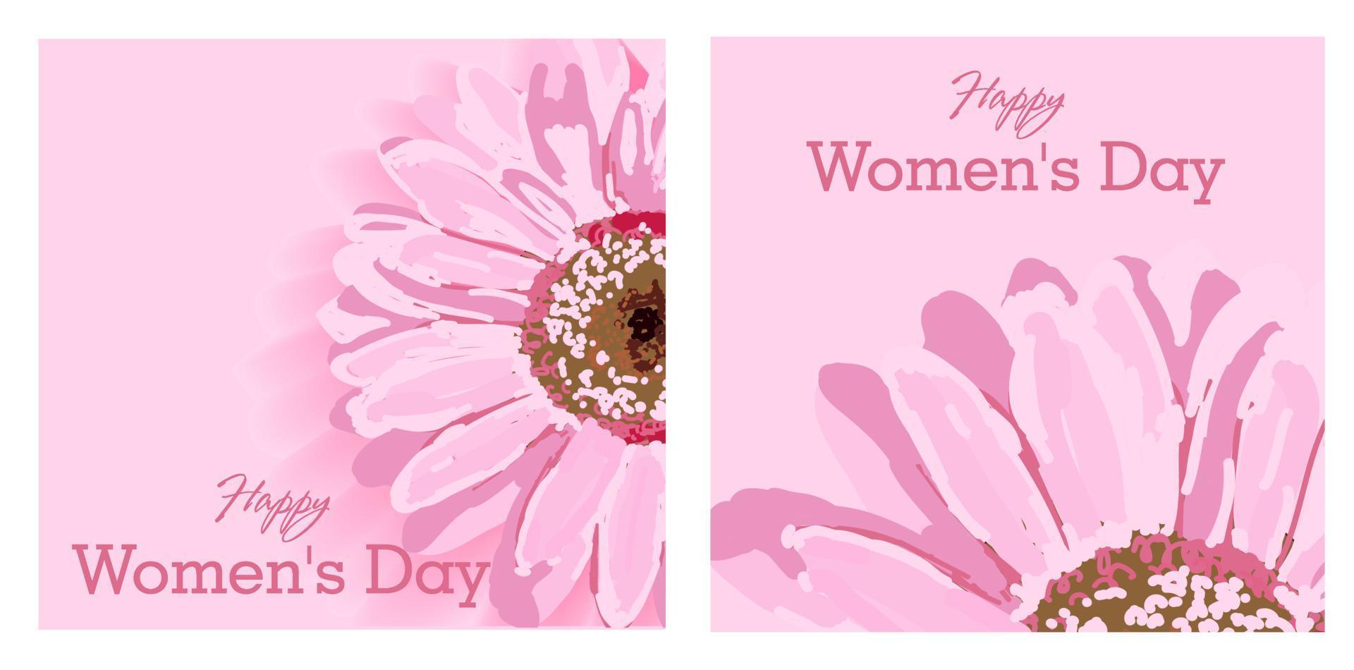 einstellen von Gruß Karten. Damen Tag Text Design mit Blumen und Rosa Hintergrund. Vektor Illustration. Damen Tag Gruß Design. Vorlage zum Poster, Karte, Banner. März 8.