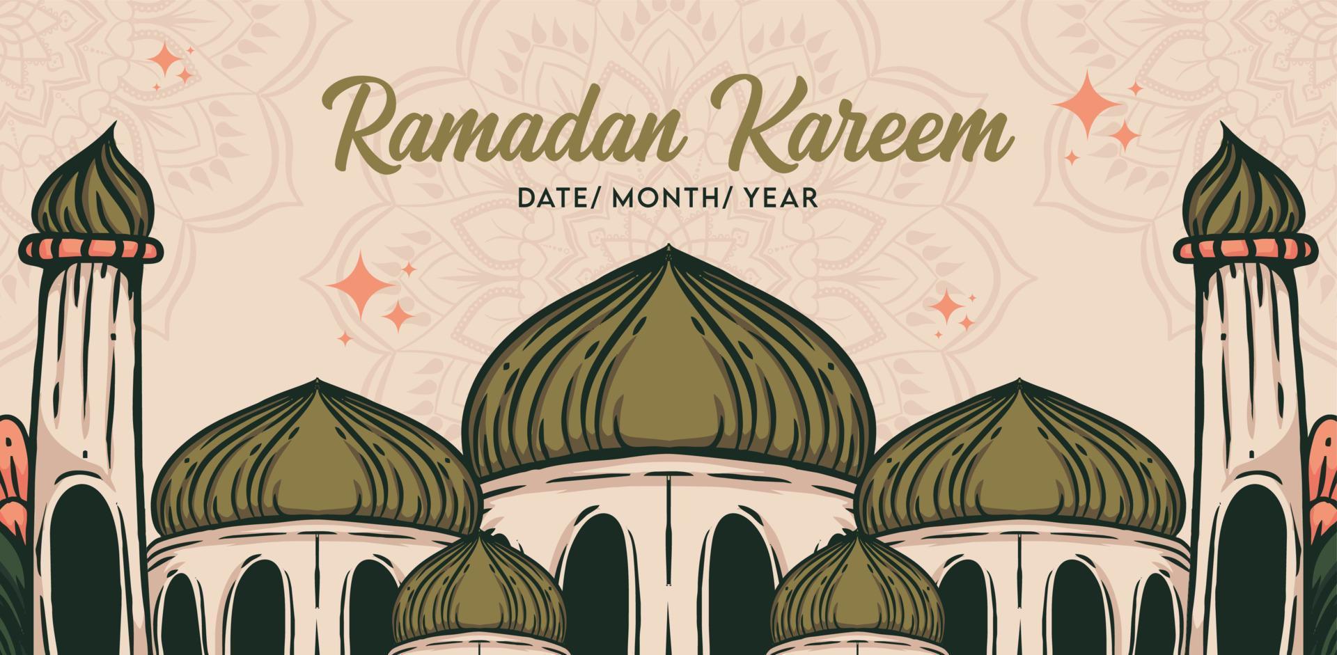 baner mall för ramadan med moské hand dragen vektor illustration