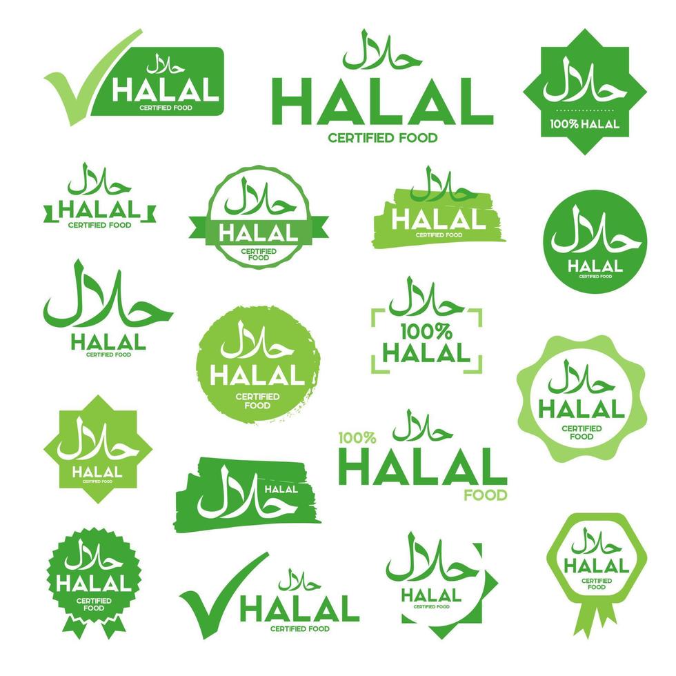 muslim traditionell halal mat etiketter vektor Färg uppsättning. märken, logotyp, märka, och märka. lämplig för baner, flygblad, handel mark