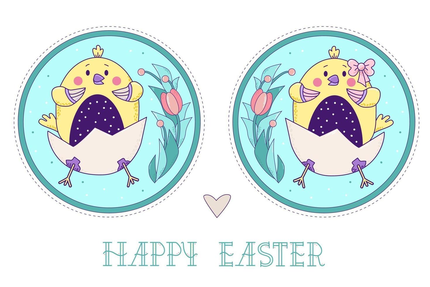 ett par söta gula fåglar. påsk kycklingar flicka och pojke i ett ägg med en bukett blommor i en rund dekorativ medaljong. vektor illustration. färgglada dekorativa glad påsk gratulationskort