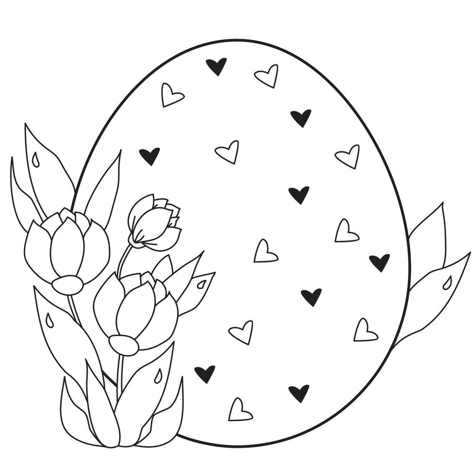 påskkort. stort påskägg med hjärtan och en bukett vårblommor och löv. vektor. svart linje, kontur. illustration för design, dekor, tryck, vykort för glad påsk vektor