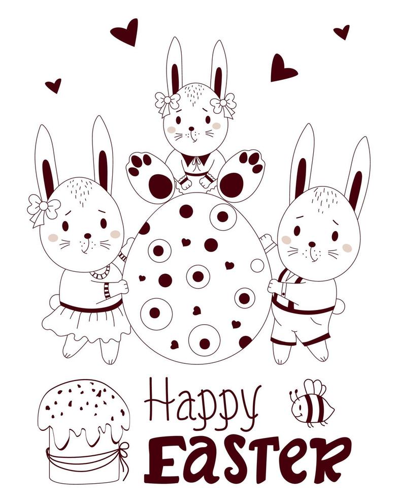 glückliche Ostern - Grußkarte mit niedlichen Osterhasen. Familie - ein Junge und ein Mädchen halten ein großes Osterei mit einem Babyhäschen. Vektorillustration, Umriss. für Design, Dekor, Postkarten und Druck vektor