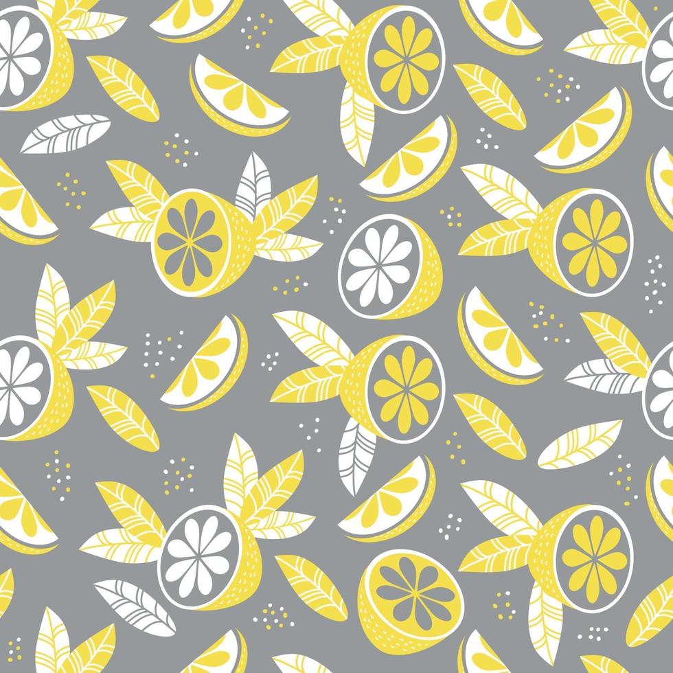 sömlösa mönster. abstrakt mönster i gulgrå färg. dekor, frukter och blad på en grå bakgrund. vektor illustration. för textilier, tapeter, design, tryckning, förpackning och dekor