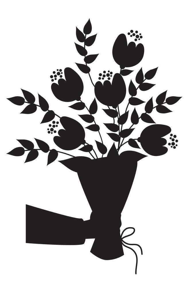 Hand hält einen Blumenstrauß und Zweige. Vektorillustration. schwarze Silhouette. für Dekoration, Druck, Dekoration, Postkarten und Karten, Logos vektor