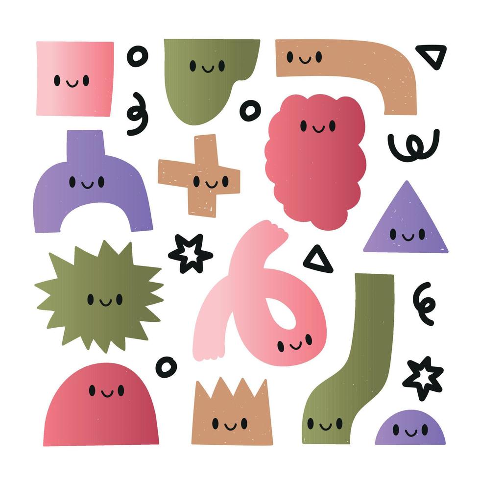 Sammlung von abstrakt form. geometrisch Formen Figuren. kawaii Stil mit süß lächeln. süß hell Hand zeichnen Abbildung. abstrakt Farbe Kinder Figuren, Karikatur Emotionen Design, Vektor mit Textur