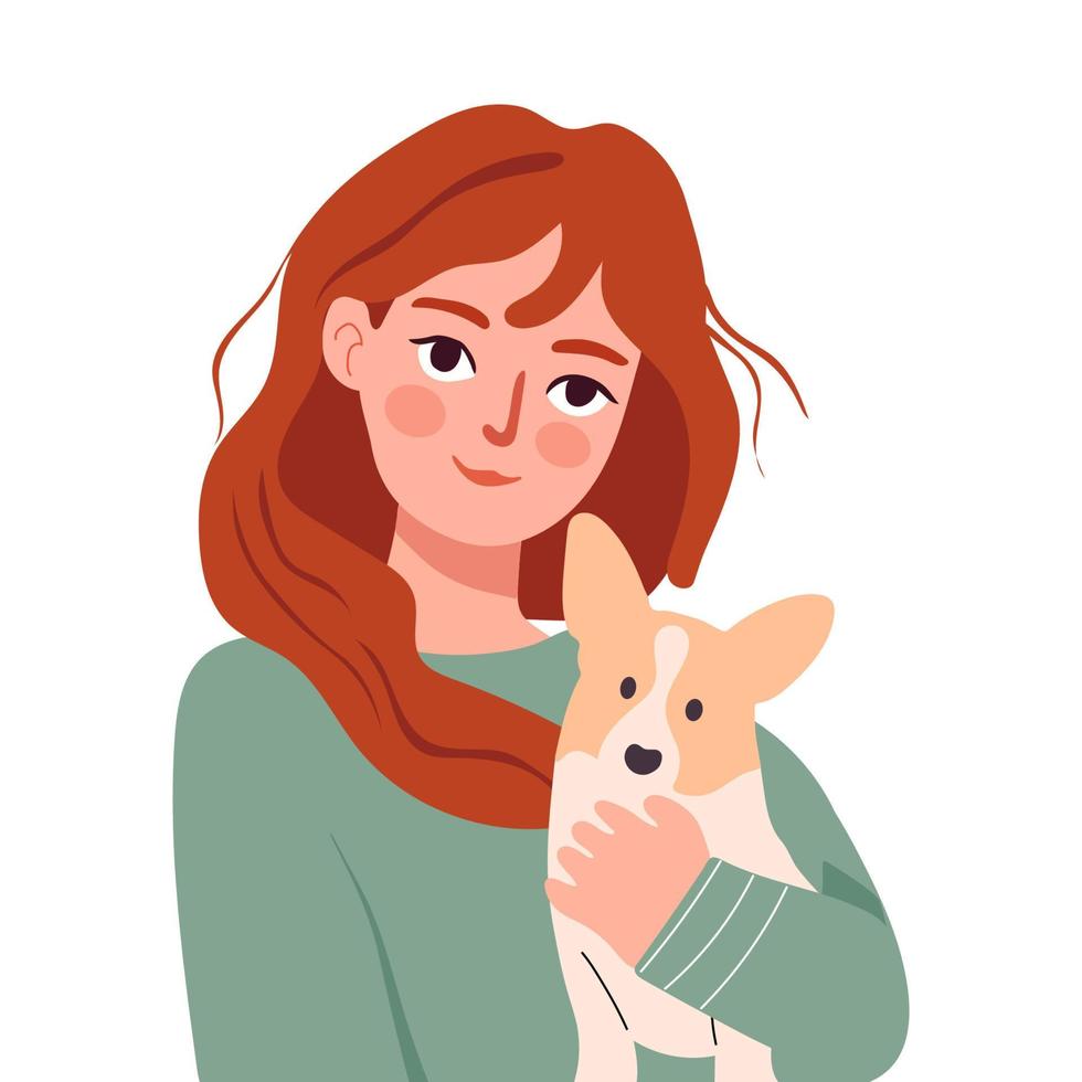 Lycklig kvinna innehav hund corgi. sällskapsdjur äganderätt, sällskapsdjur förälder. Lycklig mew år och katter dag. vektor illustration.