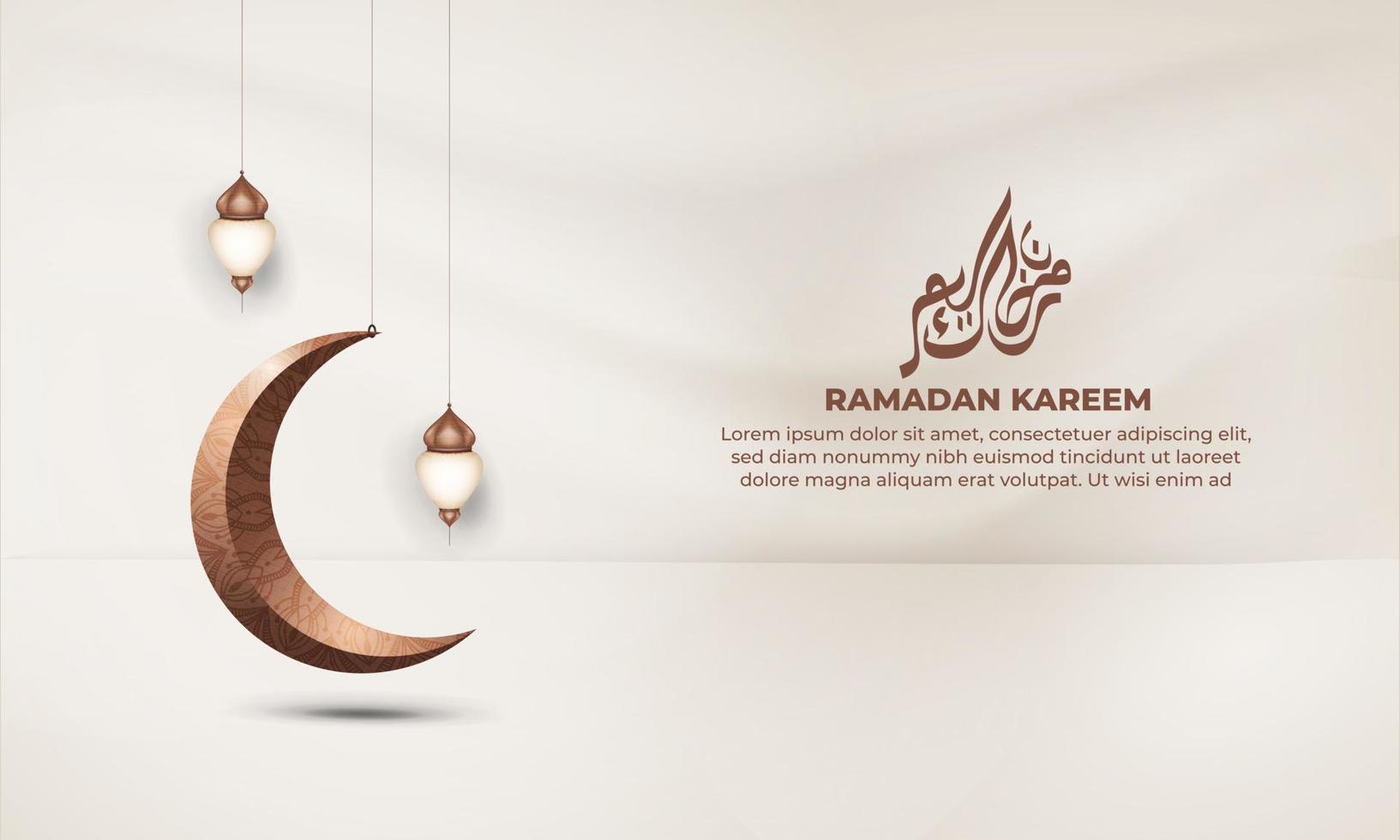 Ramadan kareem mit ein hängend Halbmond Mond und ein Laterne auf ein braun Hintergrund vektor