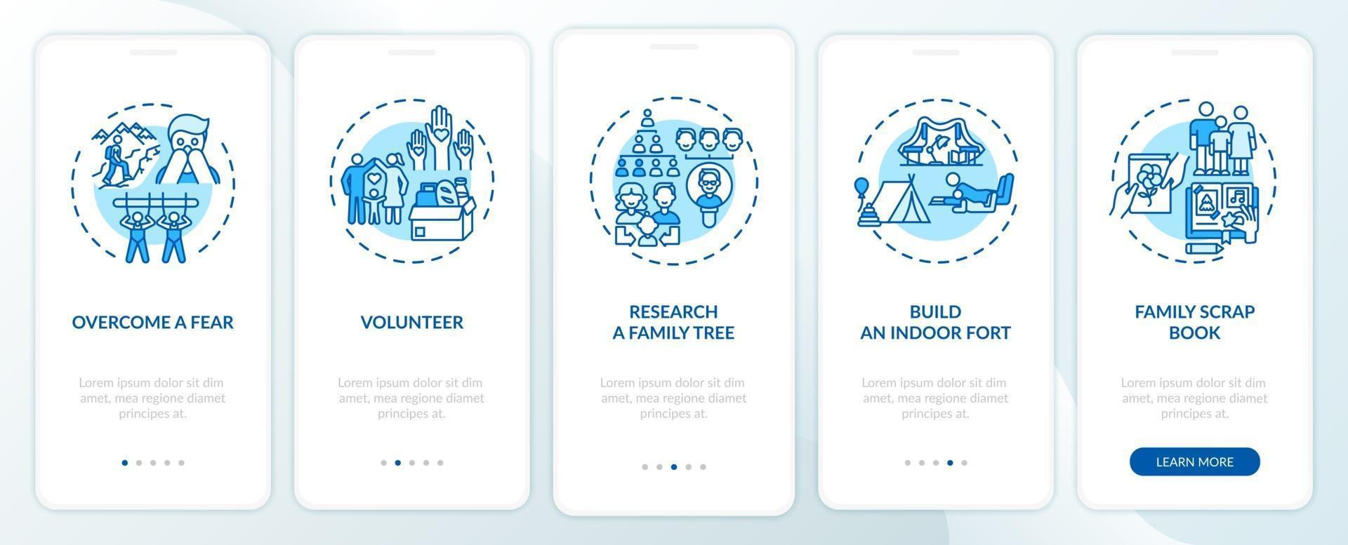Tipps zur Familienbindung Onboarding des Bildschirms der mobilen App-Seite mit Konzepten vektor