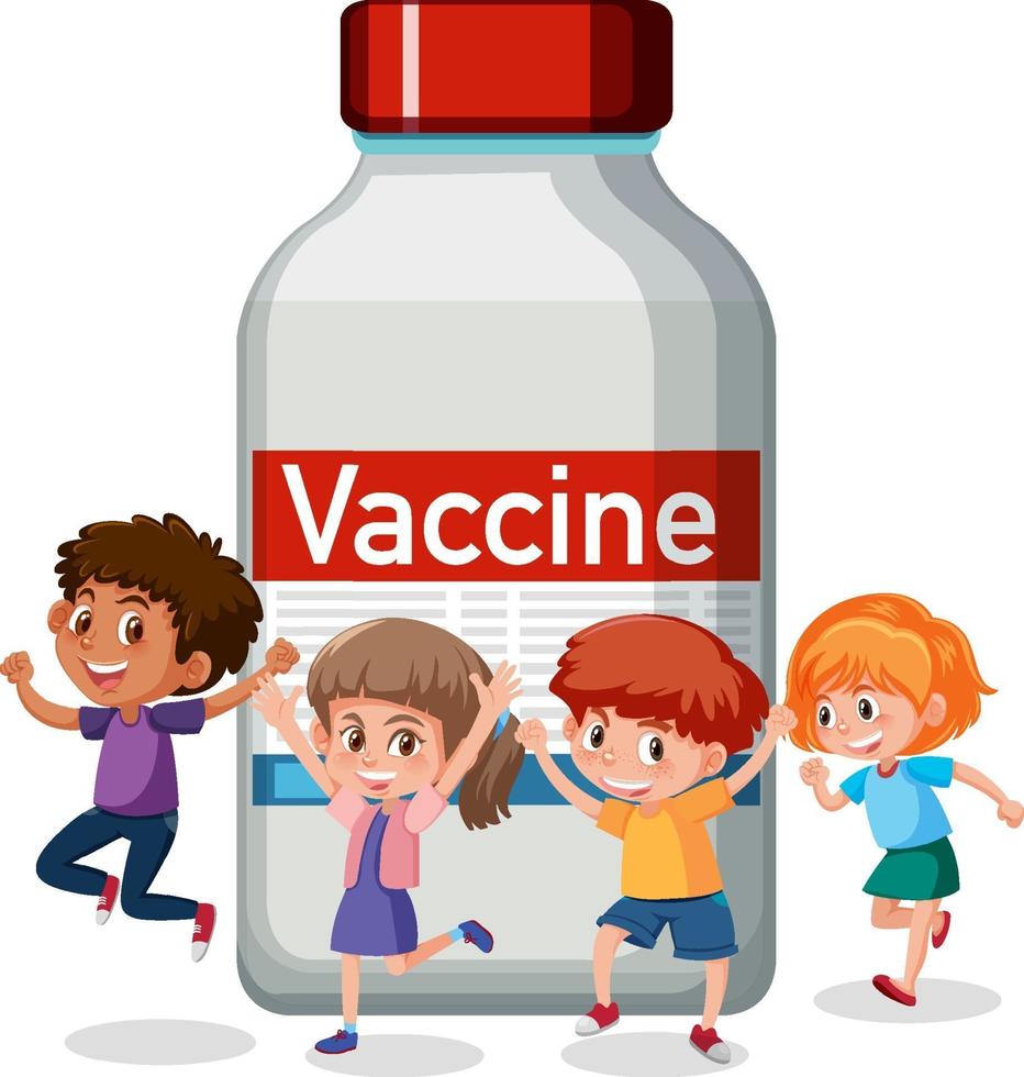 tecknad karaktär av glada barn med covid-19 vaccinflaska vektor