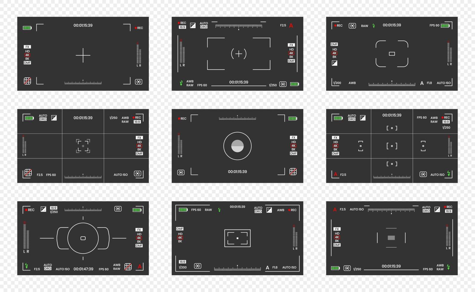 Kamera-Sucher-Video- oder Fotorahmen-Recorder flaches Design-Vektor-Illustrationsset. vektor