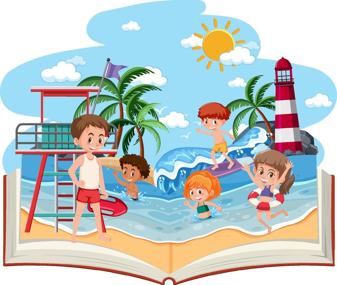 offenes Buch mit glücklichen Kindern am Strand vektor