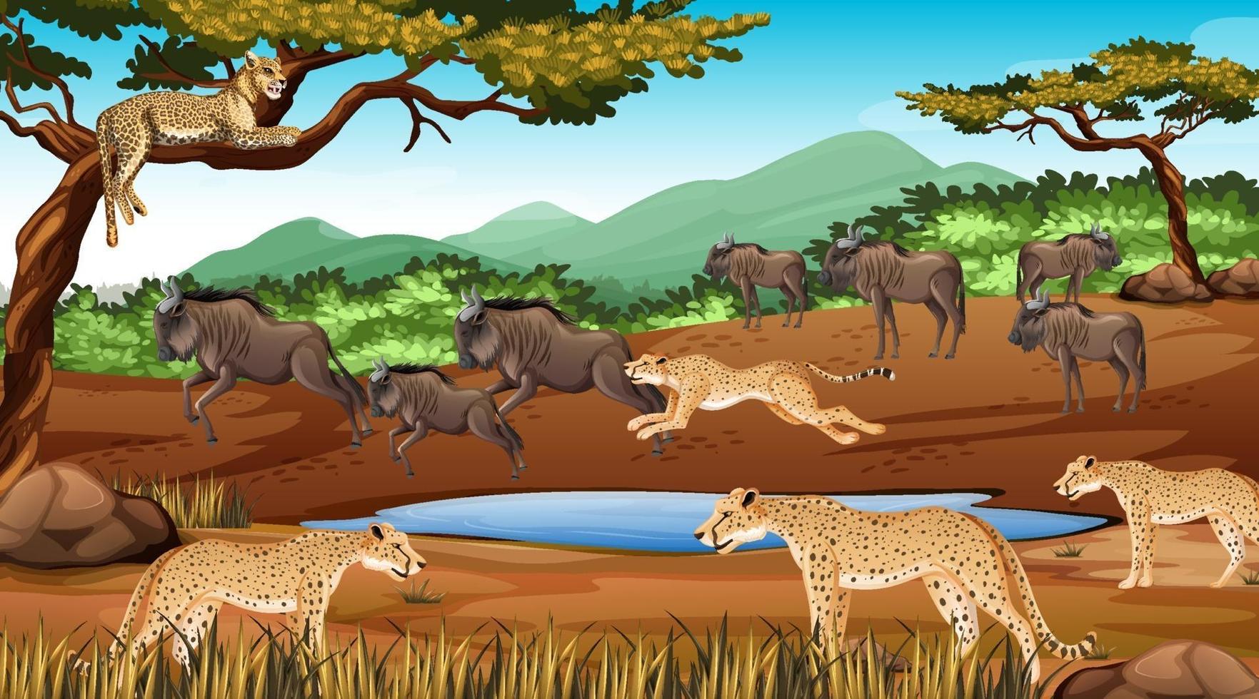 Gruppe von wilden afrikanischen Tieren in der Waldszene vektor
